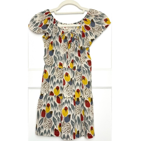 MARNI Tulip Print Cutout Ruched Tie Neck Cap Sleeve Tier Ruffle Babydoll Top S - Picture 1 of 4
